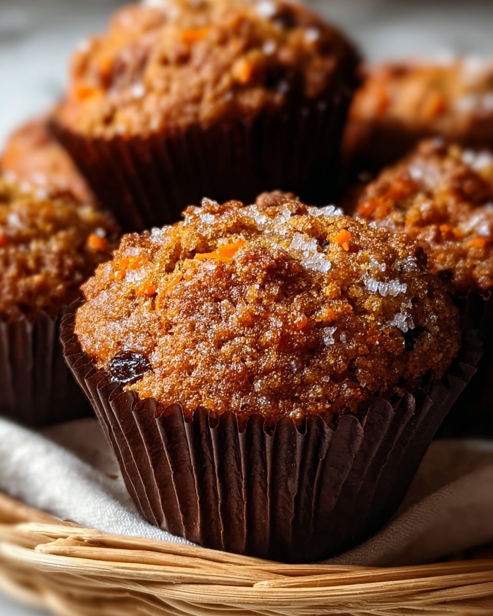 A close-up image of moist carrot muffins with a rich brown and orange tone, showing visible small pieces of carrot and raisins scattered throughout the textured tops. Each muffin is wrapped in dark brown paper cups, creating a ridged edge around the base. The muffins have a slightly bumpy surface mixed with shiny sugar crystals, which catches the light. They are placed closely together in a beige woven basket on a white marbled surface. The focus is on the front muffin, with the others softly blurred behind it, creating depth. photo taken with an iphone --ar 4:5 --v 7
