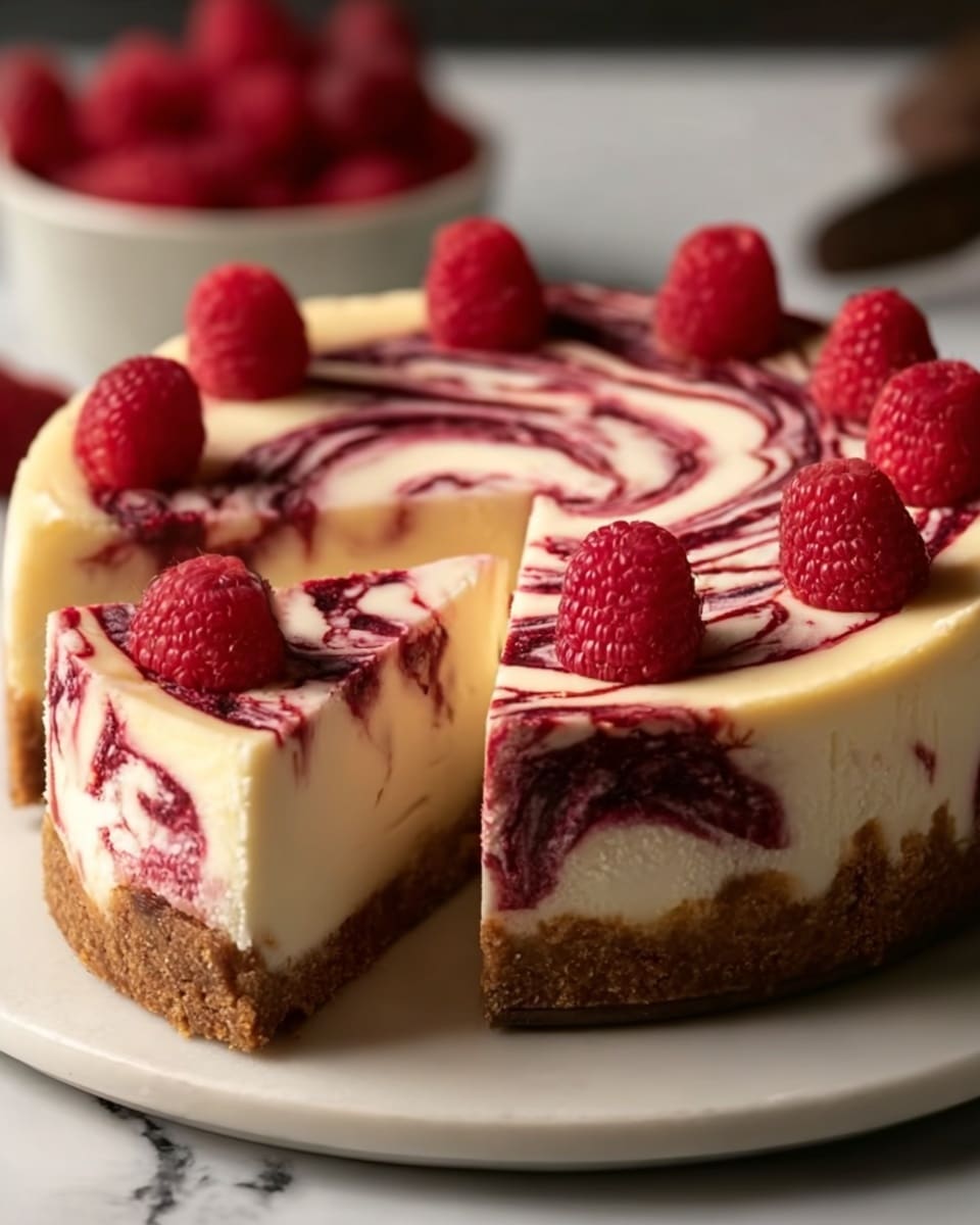 A round cheesecake with three layers sits on a white plate on a white marbled surface. The bottom layer is light brown and crumbly, forming the crust. The middle layer is thick, creamy white, and smooth. The top layer features red and white swirls, creating a marbled pattern flowing down the sides. Six whole raspberries are evenly placed on top, adding bright red color and texture to the smooth surface. The interior shows a cut slice revealing the clean layers. Photo taken with an iphone --ar 4:5 --v 7
