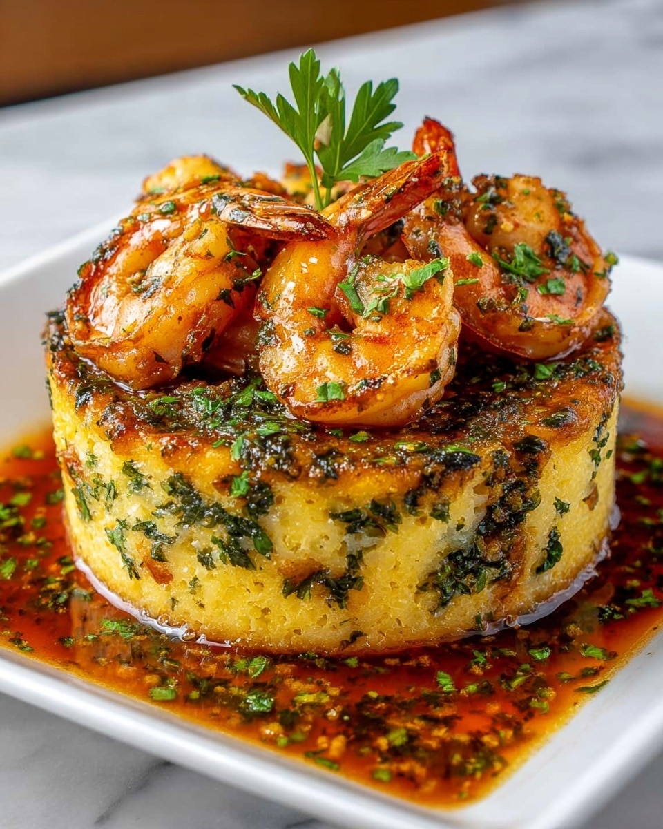 A single thick round layer of golden-yellow, textured dish mixed with green herbs sits in the center of a white square plate. On top, there are several plump grilled shrimp with an orange-pink color and slightly charred details, garnished with finely chopped green herbs and a sprig of parsley at the very top. Surrounding the base of the round layer is a rich reddish-brown sauce speckled with green herb bits. The plate is placed on a white marbled surface. photo taken with an iphone --ar 4:5 --v 7