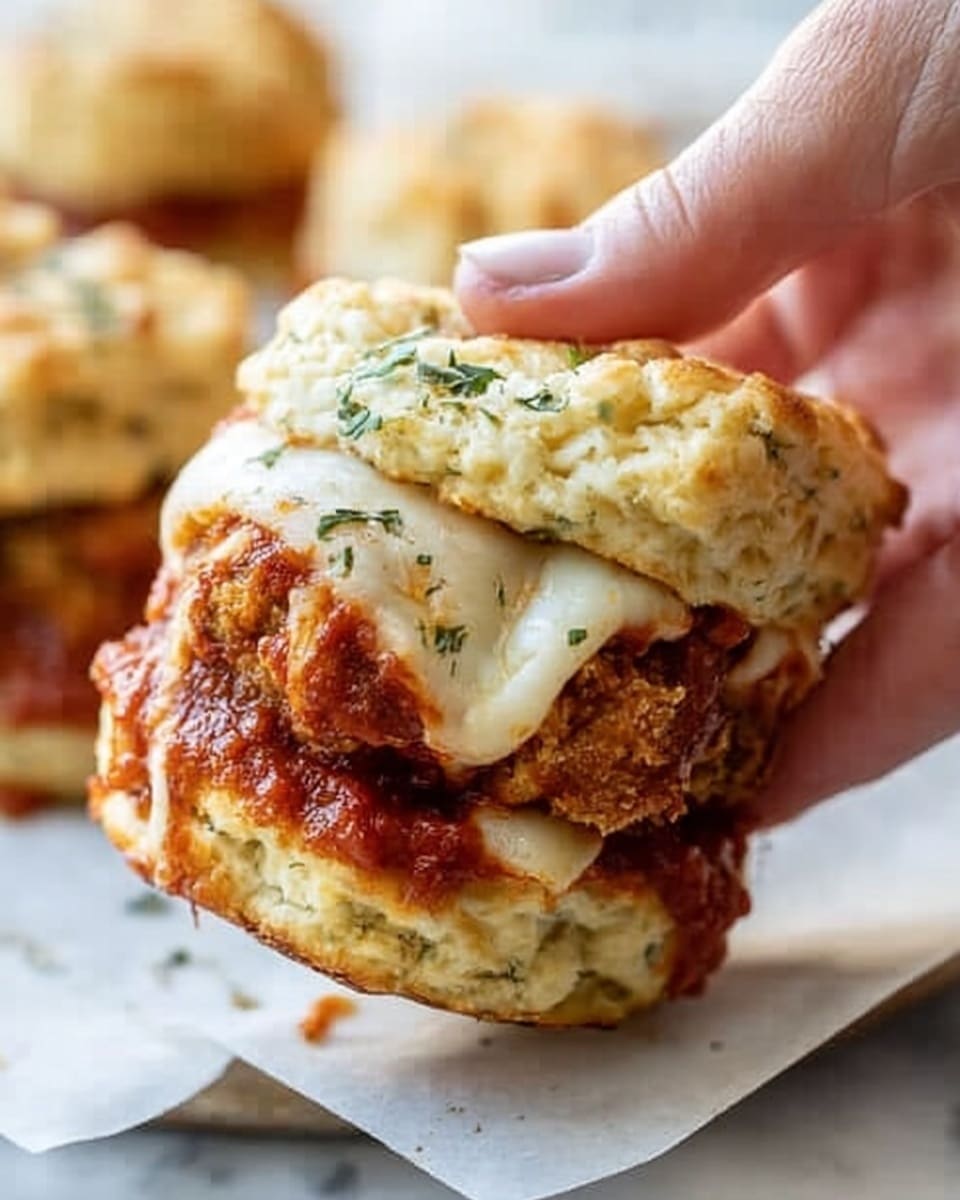 A close-up of a small sandwich held by a woman's hand, featuring three main layers: at the bottom is a soft, golden-brown biscuit with a slightly crispy edge sprinkled with green herbs, above it is a thick layer of rich, red marinara sauce topped with a round, breaded chicken piece that looks crunchy and golden, and at the top is a layer of melted white cheese that stretches slightly as the biscuit top is lifted; the sandwich rests on white parchment paper with more biscuits blurred in the background, all set against a white marbled surface. photo taken with an iphone --ar 4:5 --v 7