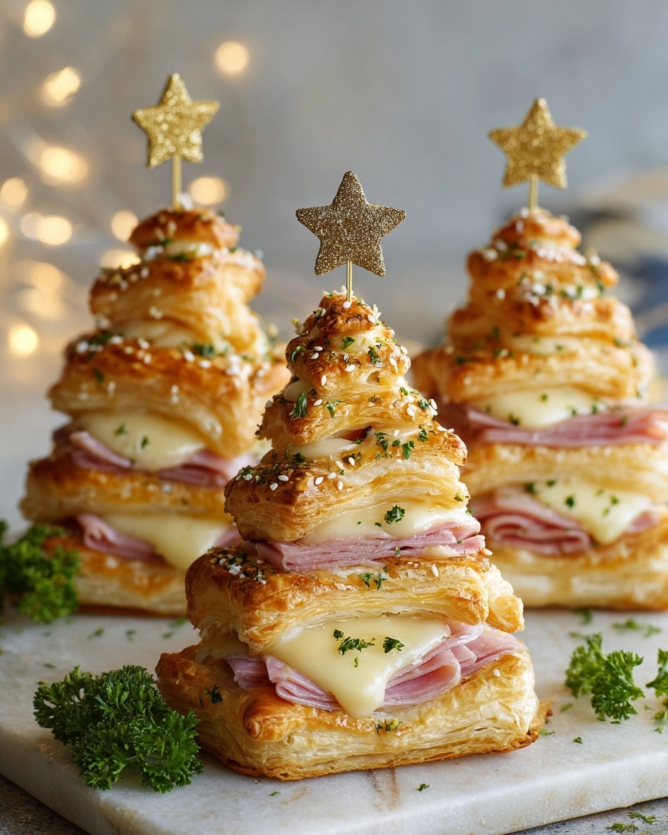 Three layered puff pastry stacks shaped like Christmas trees sit on a white marbled texture. Each tree has about six layers of golden-brown, flaky pastry with folded slices of pink ham and melted creamy white cheese between each layer. The puff pastry tops are decorated with sprinkled green herbs and white sesame seeds. A small gold star on a stick tops each tree, standing upright at the peak. Around the trees, there are small sprigs of green parsley adding color to the scene. The photo taken with an iphone --ar 4:5 --v 7
