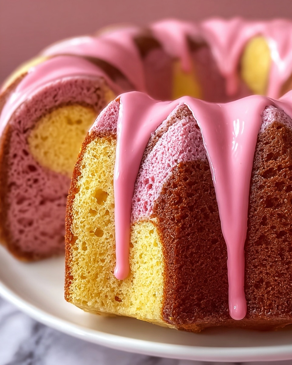 A close-up view of a Bundt cake with three visible layers in a repeating pattern: light yellow, pinkish-purple, and brown. The cake is topped with thick, smooth pink glaze dripping down the sides in glossy streams. The cake sits on a white plate placed on a white marbled background, with detailed texture showing the air bubbles and softness of the cake layers. The pink glaze adds a shiny contrast to the matte surface of the cake. photo taken with an iphone --ar 4:5 --v 7
