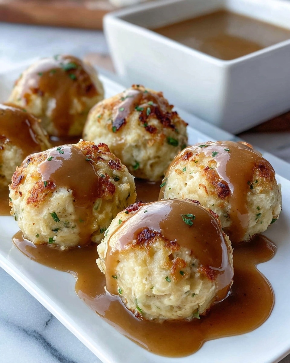 Five round mashed potato balls with light golden brown crusts and small green herb bits are arranged on a white rectangular dish, each topped with smooth, glossy brown gravy that drips down the sides and pools slightly underneath. In the background, a white square bowl holds more brown gravy, adding depth to the scene. The setup rests on a white marbled surface, enhancing the clean and fresh presentation. photo taken with an iphone --ar 4:5 --v 7