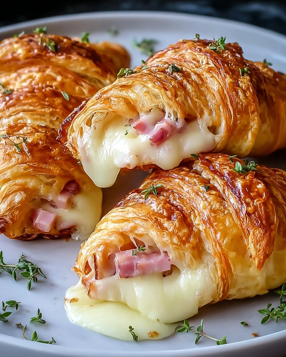 The image shows three golden-brown croissants filled with creamy melted cheese and pinkish ham pieces. The croissants are flaky and layered, with a shiny crust sprinkled with small green herb leaves. The cheese looks soft and slightly dripping from the croissant on the front left side. The croissants sit on a white plate over a white marbled surface with scattered small green herbs around them. photo taken with an iphone --ar 4:5 --v 7