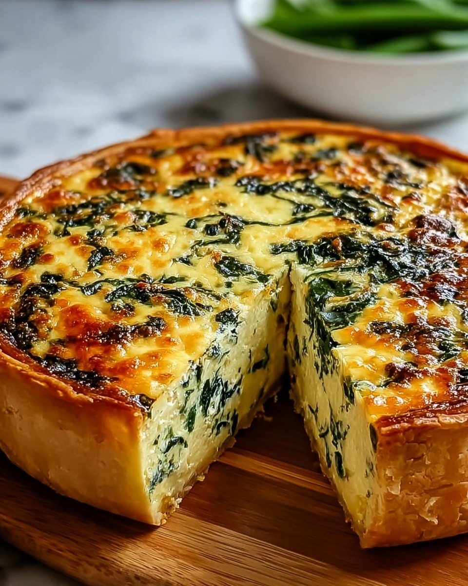 A round quiche with a golden-brown crust and a thick filling made of creamy yellow egg mixed with dark green spinach pieces, showing a slightly browned top with melted cheese. One slice is cut and slightly pulled out, revealing the texture of the inside with visible spinach bits evenly spread. The quiche rests on a wooden board with a blurred white bowl and green beans in the background on a white marbled surface. Photo taken with an iphone --ar 4:5 --v 7