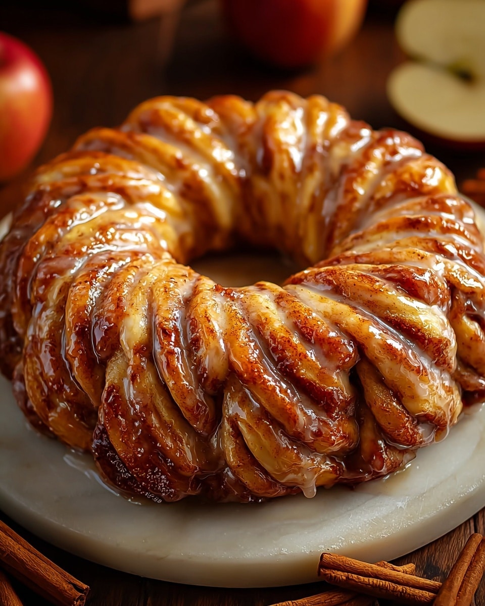 The image shows a round, twisted pastry ring with a shiny, golden-brown crust that has a glossy glaze on top. The ring is made with multiple twisted layers of dough, each spiral showing a rich cinnamon color swirled inside, giving a striped look of light tan and darker brown. The texture looks soft and flaky, with the glaze adding a wet shine that highlights the twists. The pastry sits on a white marbled textured surface instead of the dark wood, and an apple and cinnamon sticks are softly blurred in the background for a warm, cozy feel. photo taken with an iphone --ar 4:5 --v 7