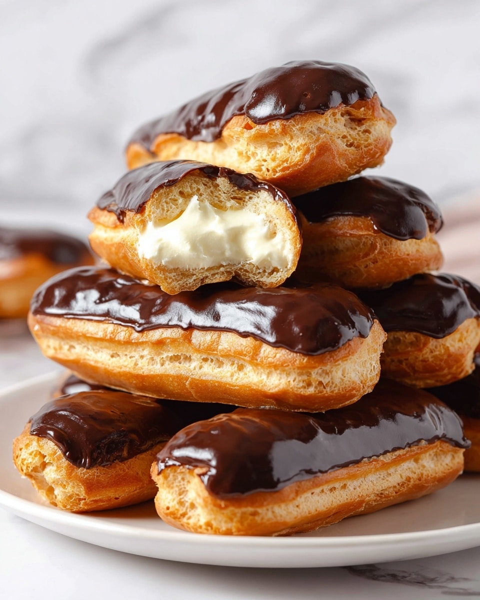 The image shows several éclairs placed on a dark gray slate board that contrasts with a white marbled surface below. Each éclair has a golden brown choux pastry base with a slightly puffed, crisp texture. On top is a smooth, thick layer of dark chocolate glaze with a shiny, reflective surface that covers the entire length of the éclair. The éclairs are arranged in neat rows, with the dark chocolate glaze creating a rich, glossy finish over the golden pastry. photo taken with an iphone --ar 4:5 --v 7
