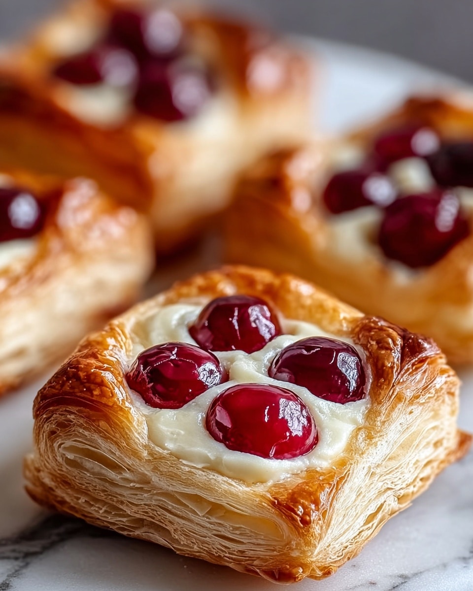 A close-up image of flaky, square-shaped pastries with three glossy, dark red cherries placed evenly on top. The pastries have a golden-brown, shiny crust showing many thin, crisp layers stacked together, and a creamy, smooth white filling beneath the cherries. The pastries sit on a white marbled texture surface with a soft focus on similar pastries in the background. photo taken with an iphone --ar 4:5 --v 7