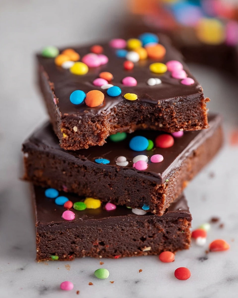 Seven rectangular, two-layered chocolate brownies lay on white parchment paper placed on a white marbled surface. Each brownie has a dark brown, soft-looking base layer topped with a thick, smooth, glossy layer of dark chocolate frosting. Brightly colored round sprinkles in pink, red, blue, yellow, green, and orange are scattered on top of the frosting, some spilling slightly onto the parchment paper. One brownie has a visible bite taken out of it, showing the chewy texture of the base. To the lower right side, a white bowl filled with the same colorful sprinkles sits on the white marbled surface. The lighting is natural, creating soft shadows and highlights on the brownies. photo taken with an iphone --ar 4:5 --v 7