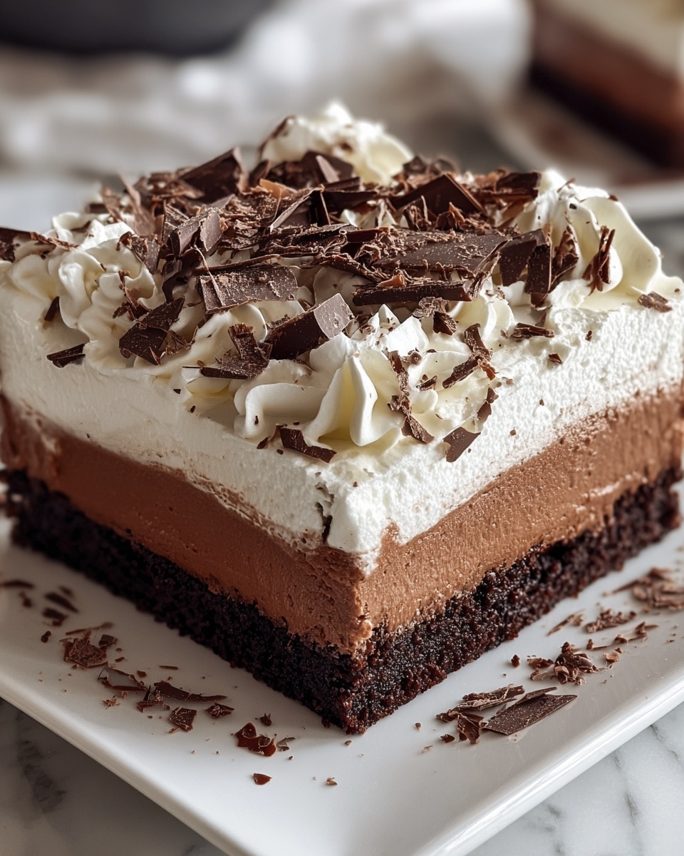 This dessert shows four clear layers on a white plate: the bottom layer is thick, dark brown, crumbly chocolate crust; above is a smooth and creamy medium brown chocolate mousse layer; next is a thick, fluffy white whipped cream layer topped with delicate swirls; the top layer is covered with large and small dark chocolate shavings scattered all over. The background is a white marbled surface. Photo taken with an iphone --ar 4:5 --v 7