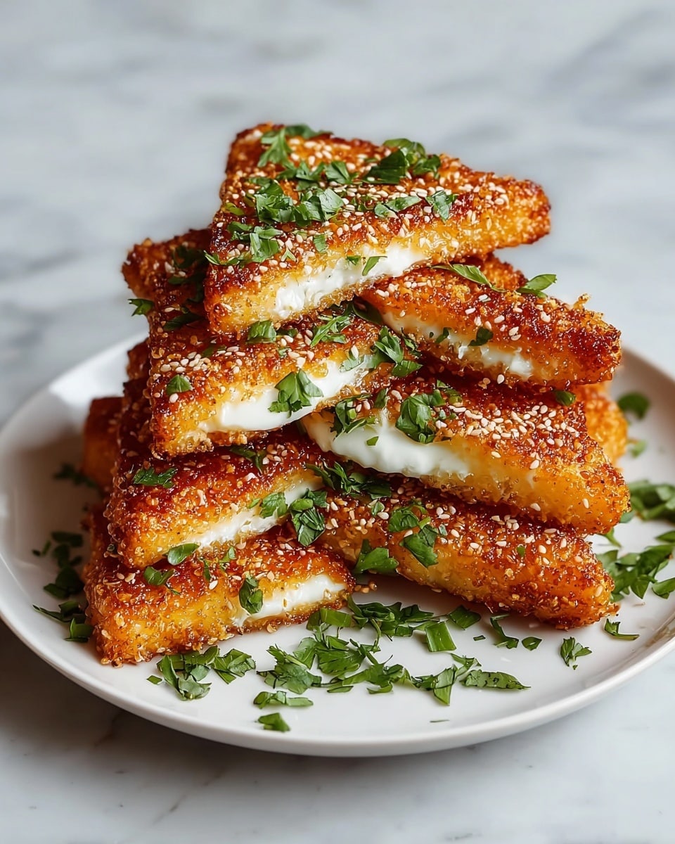 The image shows a stack of six triangular fried cheese pieces with a golden brown crispy crust, lightly speckled with sesame seeds, arranged on a white plate. Each piece reveals a creamy, white melted cheese layer inside with some fresh green herbs sprinkled both on top and around the stack. The plate is placed on a white marbled surface, giving a clean, fresh look to the presentation. Photo taken with an iphone --ar 4:5 --v 7
