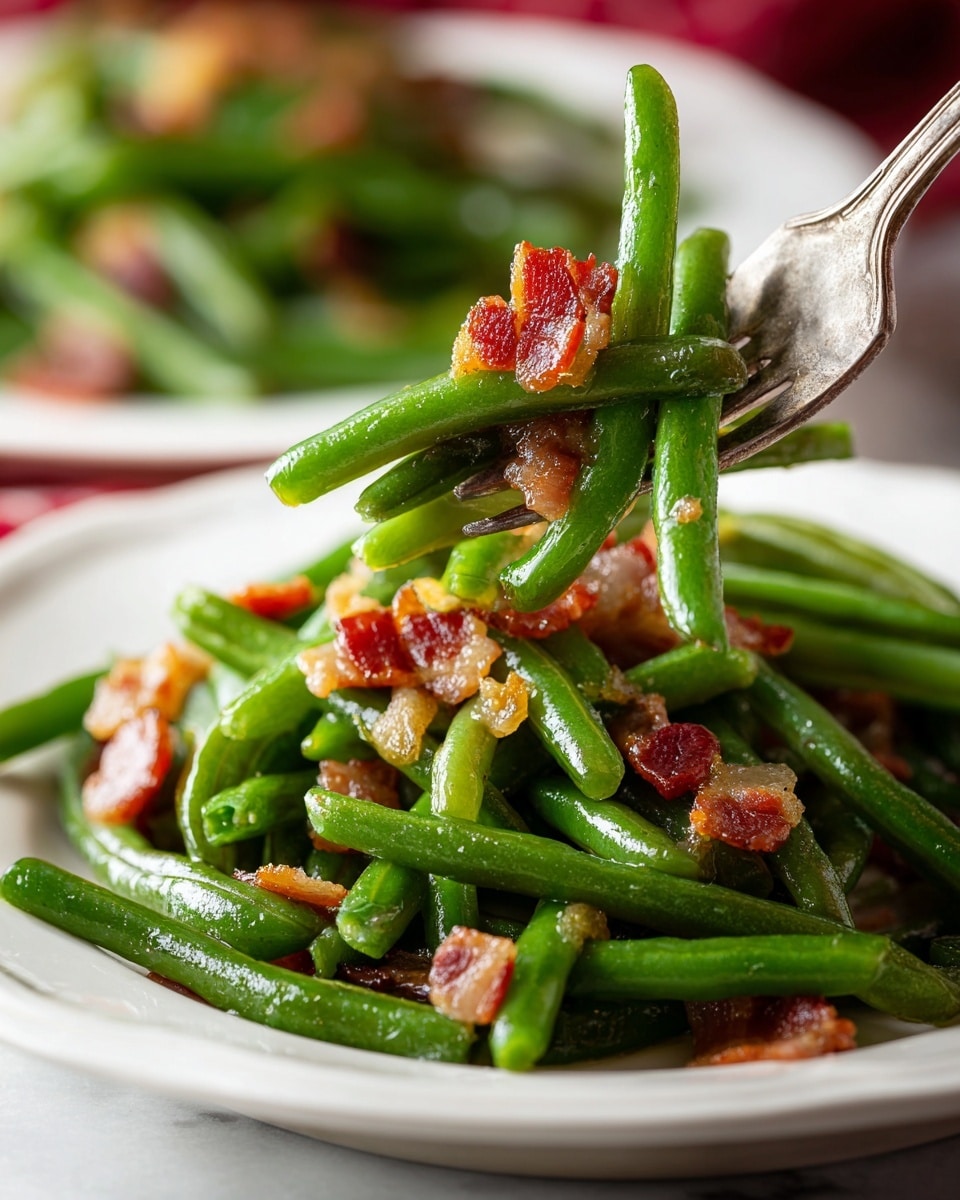 This image shows a plate of cooked green beans mixed with small pieces of crispy bacon. The dish has one main layer of bright green beans that look shiny and tender, mixed evenly with bits of reddish-brown crispy bacon scattered throughout. A metal fork is holding up a small bundle of green beans and bacon above the plate. The plate is white and sits on a white marbled surface. The background is softly blurred, showing another plate with the same dish, giving a warm, inviting feeling. Photo taken with an iphone --ar 4:5 --v 7
