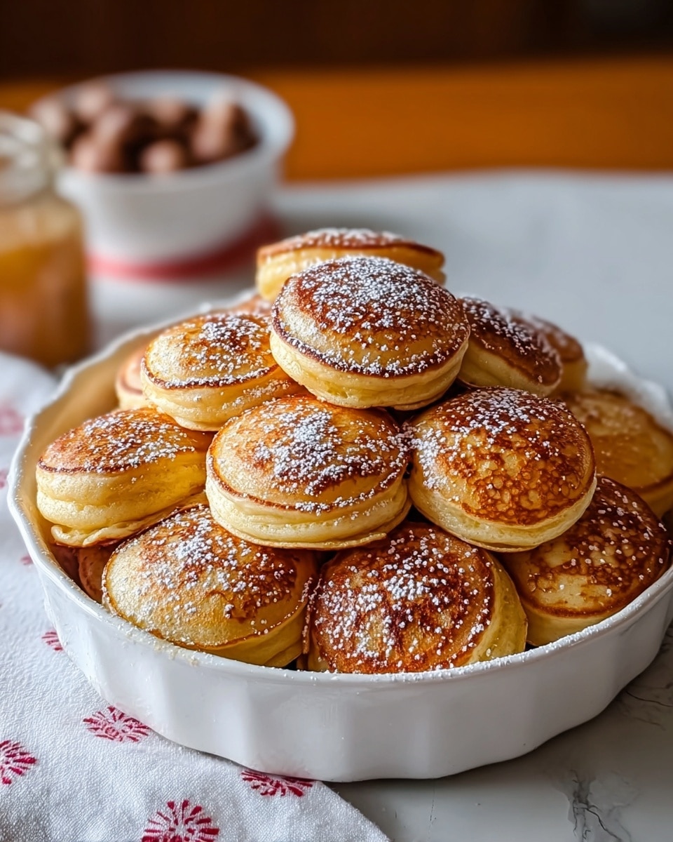 A round white ceramic dish holds about sixteen small golden brown pancake balls, each with a shiny, slightly crispy top and soft, fluffy sides. The pancake balls appear light yellow inside, with some darker, toasted spots on top giving them texture. A light dusting of powdered sugar is sprinkled unevenly over the balls, adding a touch of white contrast. The dish is placed on a white marbled surface with soft lighting enhancing the warm, cozy look of the pancakes. photo taken with an iphone --ar 4:5 --v 7