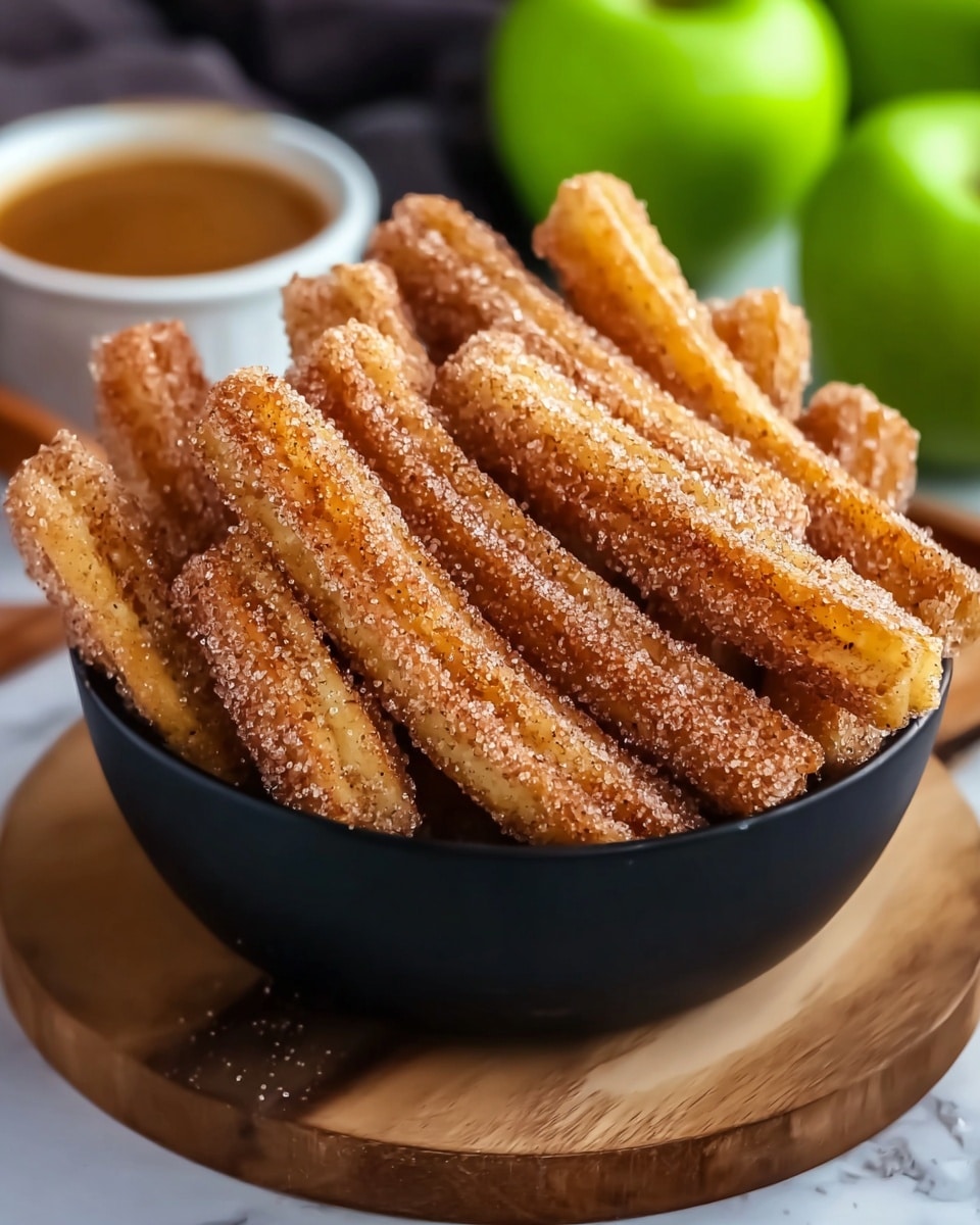 A black bowl filled with many churros sticks stacked on top of each other, each churro covered evenly with a golden brown cinnamon sugar coating that sparkles with sugar granules. The churros show a rough, slightly crunchy texture, with visible cinnamon specks giving a warm color contrast to the sugar's brightness. The bowl sits on a round wooden board, and there are blurred green apples and a small white bowl of caramel sauce in the background, all placed on a white marbled texture. photo taken with an iphone --ar 4:5 --v 7