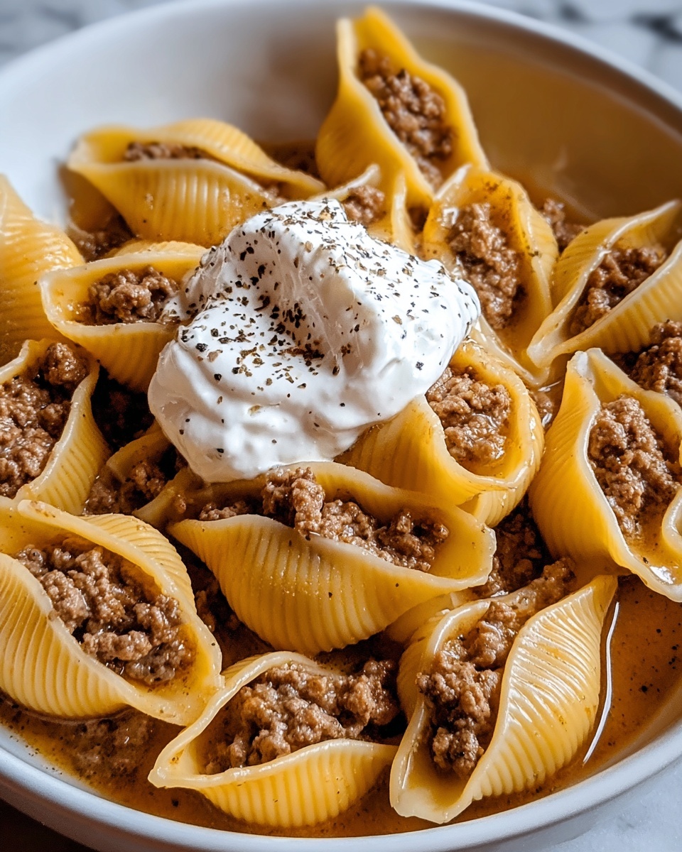 A close-up of a white bowl filled with yellow pasta shells, each stuffed with seasoned ground meat, sitting in a light brown sauce that coats the pasta. On top in the middle, there is a dollop of white sour cream sprinkled with black pepper bits. The pasta shells have a smooth texture and are arranged closely together, some showing the meat filling clearly. The photo is taken on a white marbled surface. photo taken with an iphone --ar 4:5 --v 7