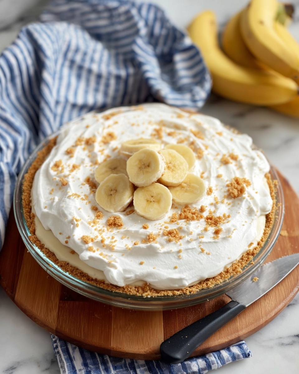 A pie with a golden brown crust at the bottom, topped with a thick layer of white whipped cream spread evenly. On the whipped cream, there are small light brown crumb sprinkles scattered all over, with a small cluster of banana slices arranged in the center. The pie sits in a clear glass dish on a wooden board, with a blue and white striped cloth and a whole banana in the background on a white marbled surface. A knife with a black handle rests near the bottom right of the board. Photo taken with an iphone --ar 4:5 --v 7