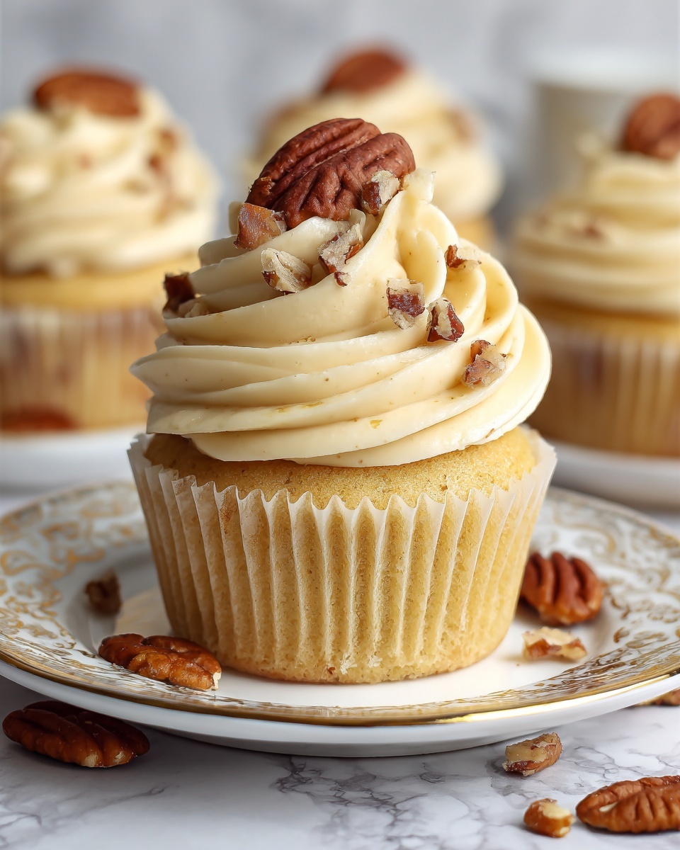The image shows a single vanilla cupcake with a light golden-yellow base in a crinkled paper liner, topped with a thick swirl of creamy beige frosting arranged in two large layers. The frosting is decorated with several small chopped pecan pieces scattered on top and a whole pecan standing upright at the peak of the swirl. The cupcake is placed in the center of an ornate white plate with a gold rim pattern, which also has whole and chopped pecans scattered around it. The background is a white marbled texture with other similar cupcakes softly blurred behind. photo taken with an iphone --ar 4:5 --v 7