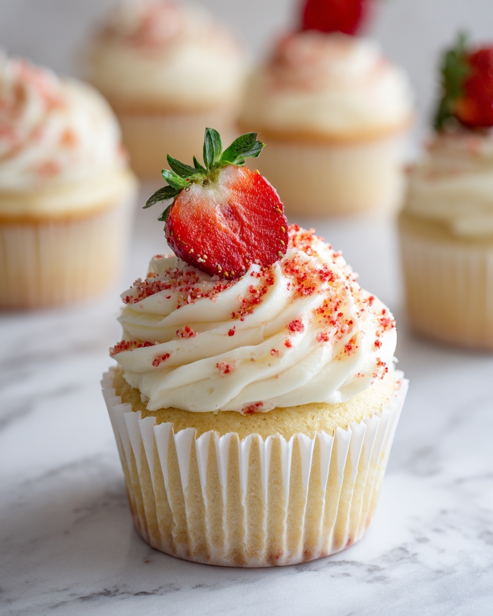 A single cupcake is shown with a light golden base in a white paper liner. On top, a thick swirl of creamy white frosting is visible, covered in small red crumb bits that add texture. A fresh, bright red strawberry sliced in half decorates the top center of the frosting, with its green leafy cap still attached. In the background, more similar cupcakes are slightly out of focus, sitting on a white marbled surface. The colors are bright and fresh, presenting a sweet and inviting look. Photo taken with an iphone --ar 4:5 --v 7