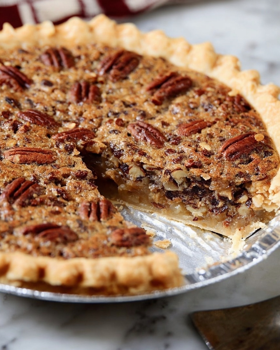 This image shows a pecan pie with one slice removed, revealing three clear layers: the bottom crust is a light golden and flaky pastry, followed by a thick middle filling of a gooey light brown mixture filled with dark pecans, and the top is a cracked golden-brown baked layer dotted with whole pecan halves. The pie is in a shiny metal pie tin placed on a white marbled surface. A silver serving spatula is partially visible in the foreground. photo taken with an iphone --ar 4:5 --v 7