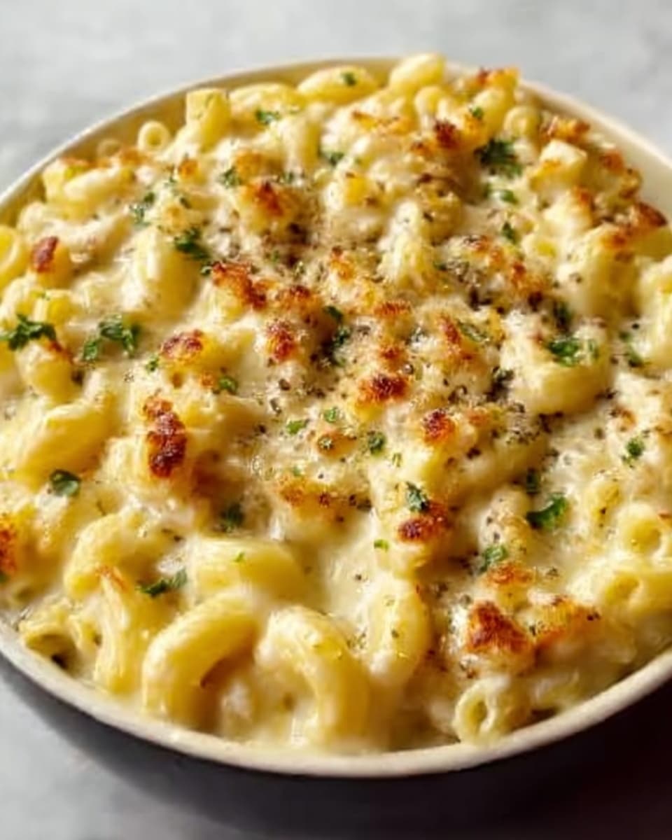 This dish shows creamy macaroni and cheese in a white bowl, filled to the top with small, curved pasta pieces covered in smooth, yellow cheese sauce. There are small bits of browned melted cheese on the top, giving a slightly crispy texture. Scattered green herbs add some color contrast on the surface. The bowl sits on a white marbled surface with soft lighting that highlights the creamy, cheesy texture. Photo taken with an iphone --ar 4:5 --v 7