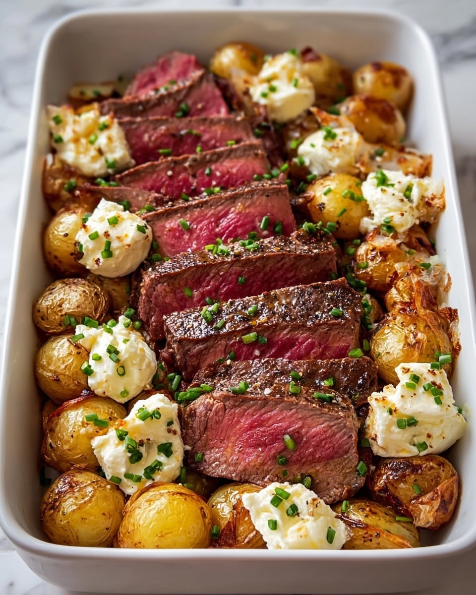 The image shows a white rectangular dish filled with layers of food arranged neatly. In the center, there are several slices of steak cooked medium rare, showing a pink and juicy inside with a dark brown, peppered crust. Surrounding the steak are golden brown roasted baby potatoes, some halved, with a crispy textured skin. Scattered on top and between the potatoes are dollops of creamy, melted white cheese sprinkled with small green chives, adding a fresh look. The dish rests on a white marbled surface. photo taken with an iphone --ar 4:5 --v 7