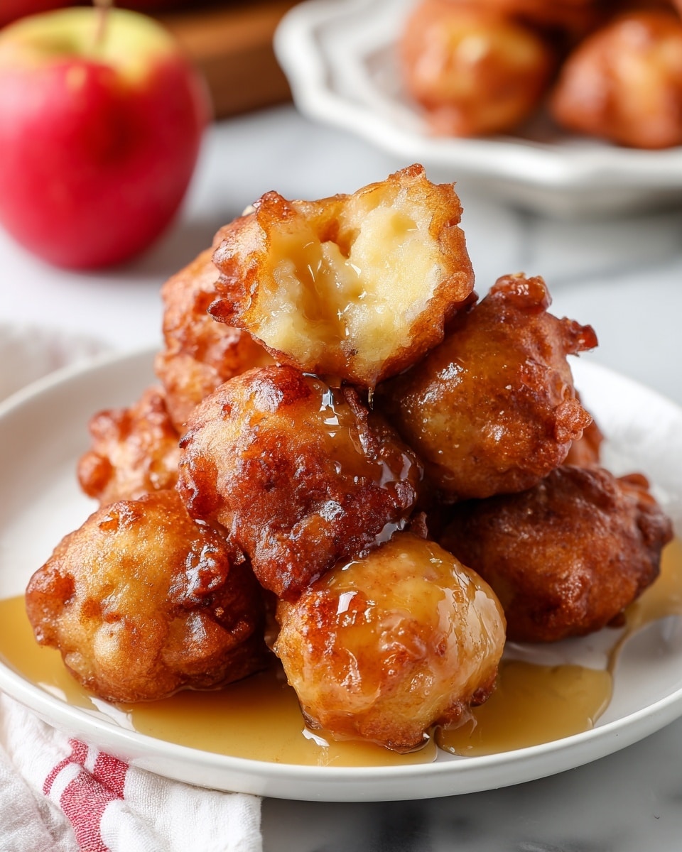The image shows a white plate filled with seven golden-brown apple fritters arranged in a small pile. Each fritter has a rough, crispy texture with small bumps and uneven edges. The top fritter is partly broken, revealing a soft, light yellow inside with bits of apple. A sticky, amber syrup is drizzled generously over the fritters, making them look shiny and moist, with some syrup pooling on the plate. In the background, out of focus, there is an apple and a white plate with more fritters, all placed on a white marbled surface. A white cloth with red stripes is partially visible in the lower corner. Photo taken with an iphone --ar 4:5 --v 7