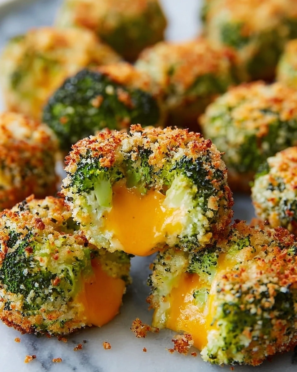 The image shows several round broccoli bites arranged on a white marbled surface. Each bite has three main layers: the outer layer is green broccoli florets covered lightly with golden toasted breadcrumbs, giving a crunchy texture. Inside this is a bright yellow-orange melted cheese layer that is gooey and creamy, oozing slightly from the middle of one bite. The base of each bite is broccoli again, holding the cheesy center and crispy topping together. The colors are vibrant with green, golden-brown, and orange contrasting well, making the bites look hot and fresh. Photo taken with an iphone --ar 4:5 --v 7