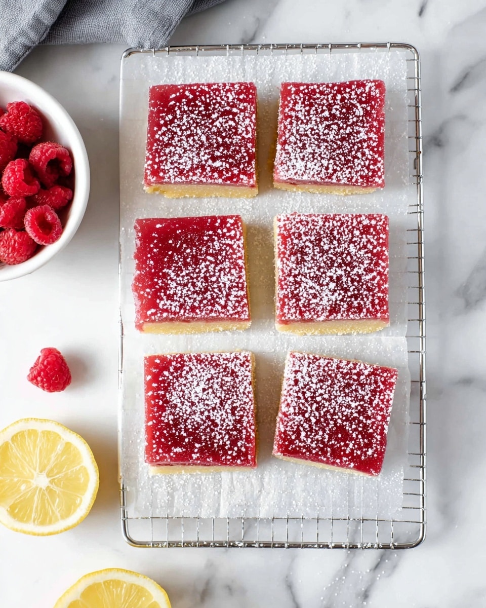 Six square lemon raspberry bars are arranged in two columns and three rows on a silver wire rack lined with white paper. Each bar has two visible layers: a bottom pale golden crust that looks firm and a thick top layer of smooth, bright red raspberry filling. The raspberry layer is sprinkled with a light dusting of white powdered sugar unevenly spread across the surface. The wire rack is placed on a white marbled surface. In the top left corner, there is a small white bowl filled with fresh red raspberries, while a halved lemon and a single raspberry sit on the bottom left side near the bars. A soft gray cloth is partially visible in the top right corner. Photo taken with an iphone --ar 4:5 --v 7