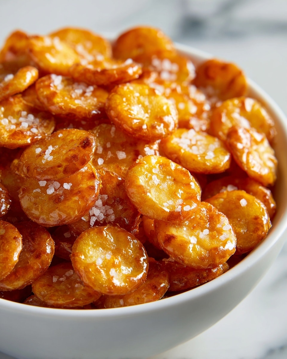 A close-up view of many small, round, golden caramel-coated snacks piled inside a white bowl with a wooden base, each snack showing a shiny, smooth caramel layer dotted with small white crunchy bits, placed on a white cloth with grey stripes on a white marbled surface, with a blurred bowl of similar snacks in the background. photo taken with an iphone --ar 4:5 --v 7