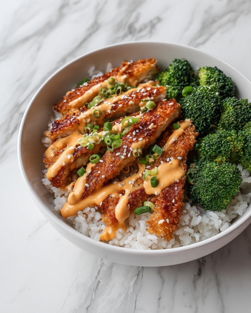 A white bowl filled with a base layer of white rice, topped with five pieces of golden-brown crispy chicken strips evenly spaced in the center, drizzled with a light orange creamy sauce and sprinkled with white sesame seeds and small green onion slices. To the right side of the bowl, bright green broccoli florets add a fresh touch. The bowl sits on a white marbled surface, creating a clean and bright setting. photo taken with an iphone --ar 4:5 --v 7