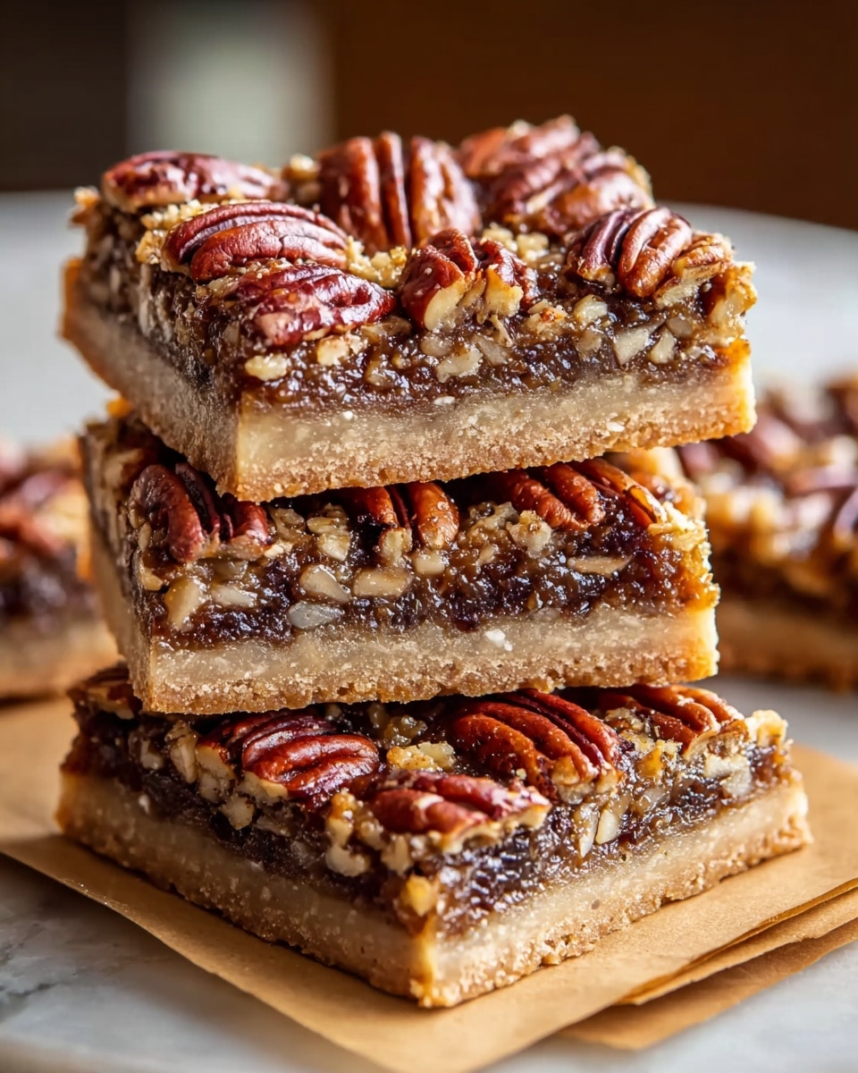 A close-up view of four square pecan bars stacked in a pyramid shape on a piece of brown parchment paper over a white marbled surface. Each bar has three layers: a light beige crumbly crust at the bottom, a thick middle layer of gooey caramel mixed with chopped pecans in dark brown and golden tones, and a top layer of whole toasted pecans arranged side by side in rich reddish-brown color. The texture of the caramel is sticky and glossy, making the nuts shine. Photo taken with an iphone --ar 4:5 --v 7