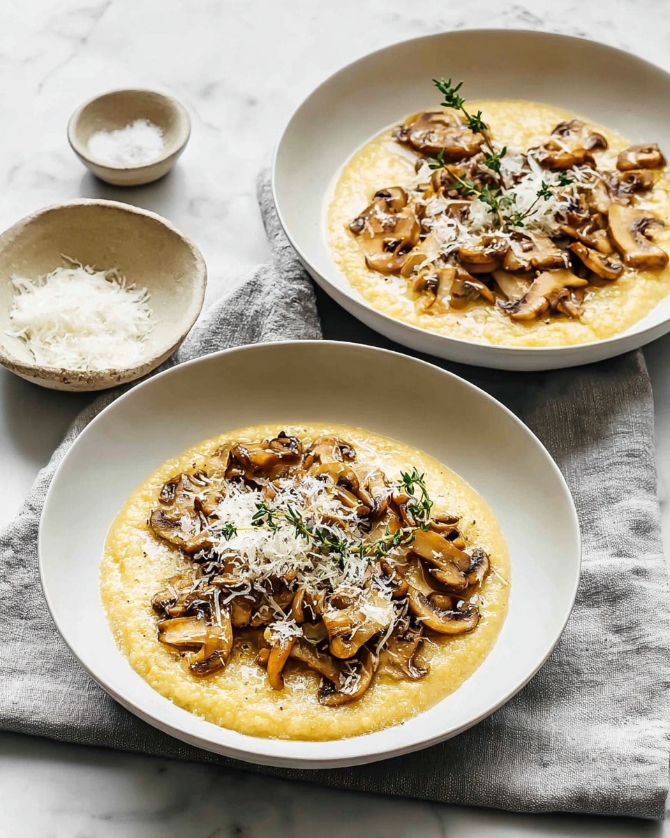 Two white bowls sit on a white marbled surface, each filled with a creamy yellow base layer of soft polenta. On top of the polenta are golden-brown sautéed mushrooms scattered evenly across the surface, creating a textured and slightly curly layer. A light sprinkling of finely grated white cheese is spread over the mushrooms, adding a delicate snowy layer. Small sprigs of fresh green thyme are placed on top as garnish, adding a touch of color and freshness. The bowls are placed on a soft gray cloth, with a small white bowl of coarse salt and a small beige bowl of more grated cheese nearby. photo taken with an iphone --ar 4:5 --v 7