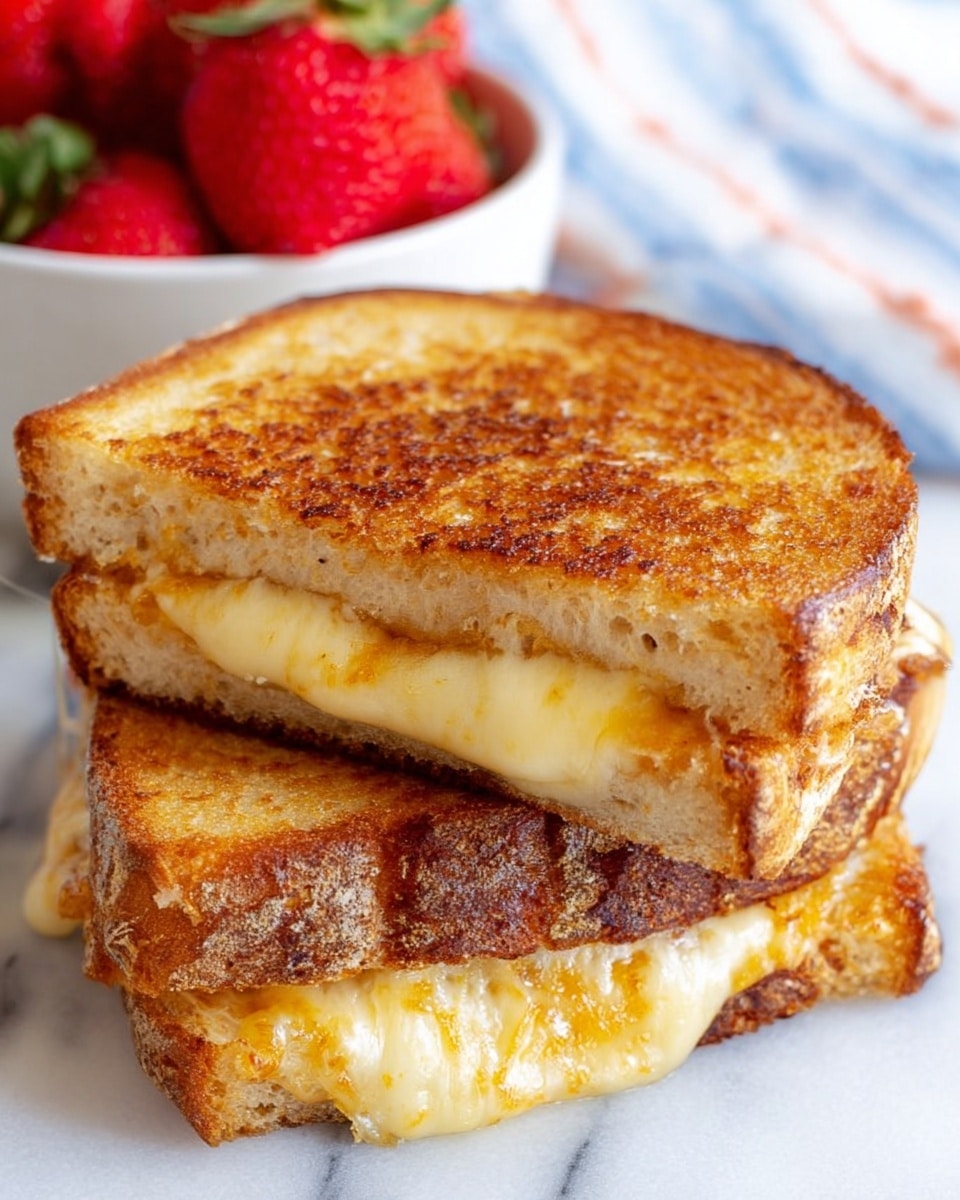 The image shows two grilled cheese sandwiches stacked on a white marbled surface. Each sandwich has two thick slices of golden brown toasted bread with a crispy texture. Between the bread slices is a layer of melted cheese that is light yellow with some parts bubbling out and slightly browned on the edges. The sandwiches have a warm and crunchy look with the cheese stretching slightly in some areas. In the background, there is a white bowl filled with fresh red strawberries. Photo taken with an iphone --ar 4:5 --v 7