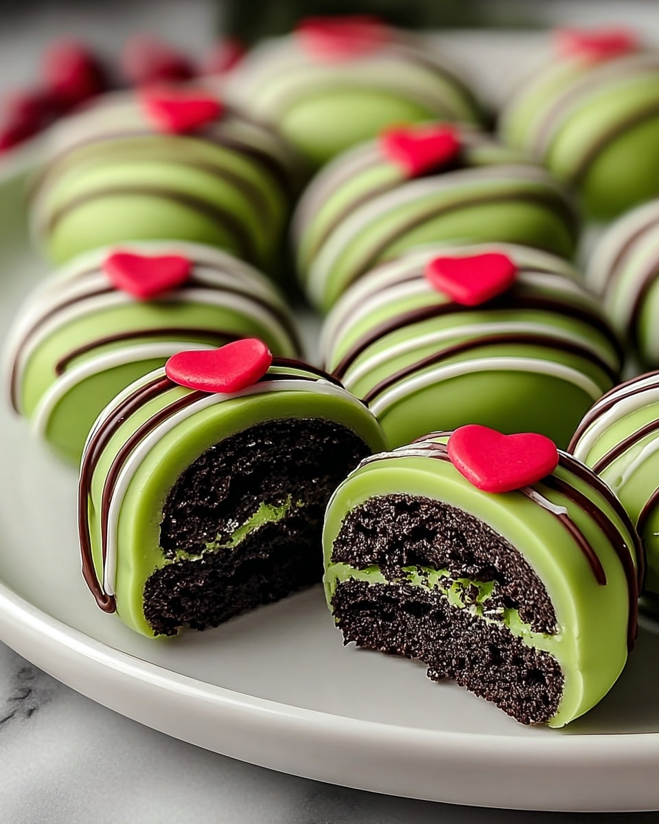The image shows several round treats on a white plate placed on a white marbled surface. Each treat has three layers: a base layer of dark chocolate cookie with a detailed texture, a middle layer covered by bright green smooth coating, and a top layer decorated with thin white and dark red stripes. At the very top, there's a small bright red heart-shaped decoration adding a pop of color. One treat in the front is cut open, revealing the dark chocolate cookie inside with bits of green from the coating mixed in, highlighting the contrast in texture and color. photo taken with an iphone --ar 4:5 --v 7