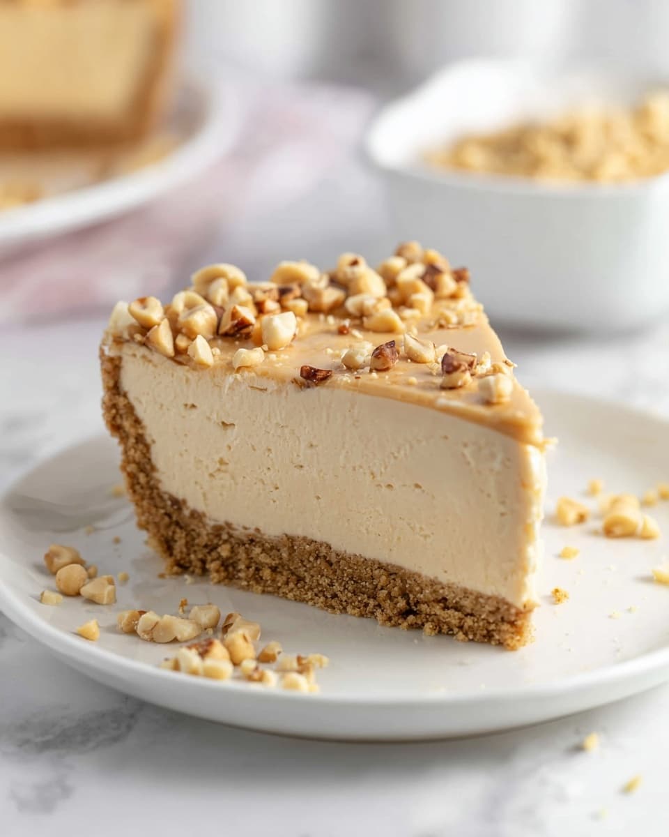 A slice of pie with three distinct layers is shown on a white plate. The bottom layer is a thin, light brown, crumbly crust. Above that is a thick, creamy layer of light tan filling that looks smooth and fluffy. The top is decorated on one side with small pieces of chopped nuts, some of which are scattered around the slice on the plate. The background features a white marbled surface with a blurred white bowl filled with more chopped nuts. photo taken with an iphone --ar 4:5 --v 7