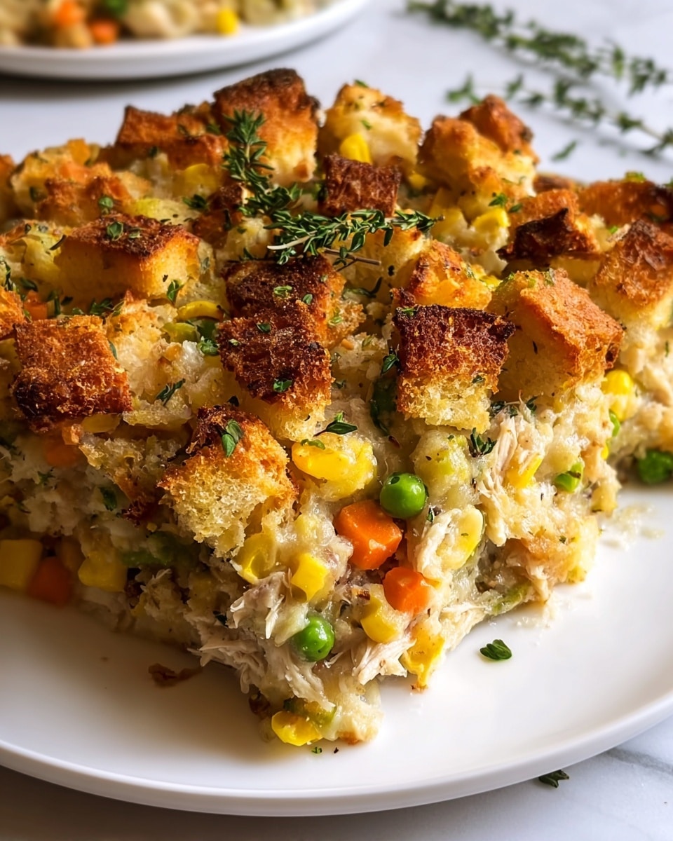 The image shows a close-up of a white square plate filled with a layered casserole dish. The top layer consists of golden-brown toasted bread cubes with a crunchy texture, scattered evenly across the surface. Below the crispy bread, there is a creamy mixture with visible pieces of shredded white chicken, bright yellow corn kernels, orange carrot cubes, green peas, and bits of mushrooms. The dish is garnished with small green parsley flakes and a sprig of fresh thyme placed in the center, adding a touch of color and freshness. The background surface has a white marbled texture. Photo taken with an iphone --ar 4:5 --v 7