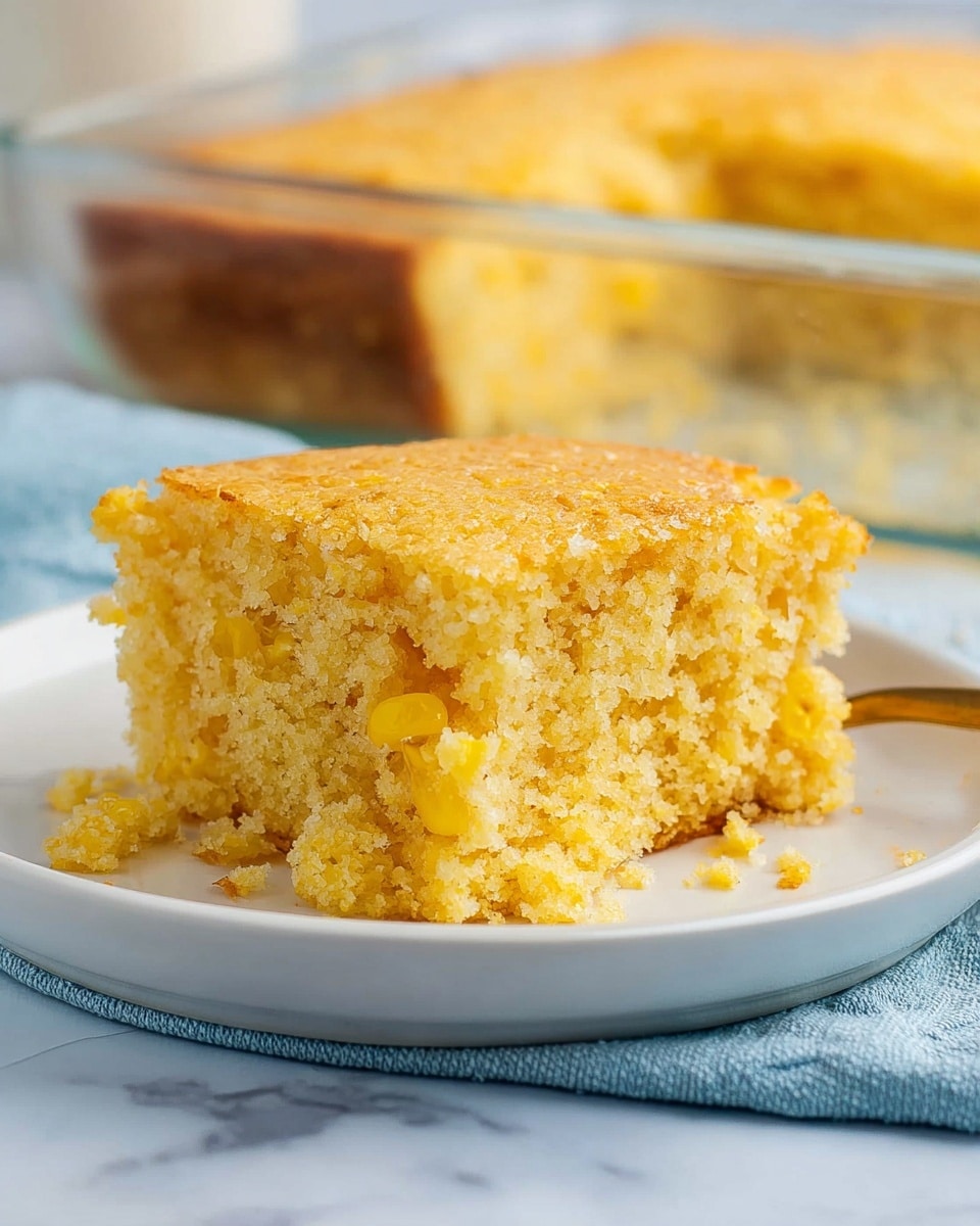 A single square piece of cornbread sits on a white plate, showing a soft, crumbly texture with golden yellow corn kernels scattered inside. The cornbread is about two layers thick, with a slightly browned crust on the edges and top, and a moist, fluffy interior. The plate rests on a light blue fabric, against a white marbled textured surface with a glass baking dish of more cornbread blurred in the background. Photo taken with an iphone --ar 4:5 --v 7