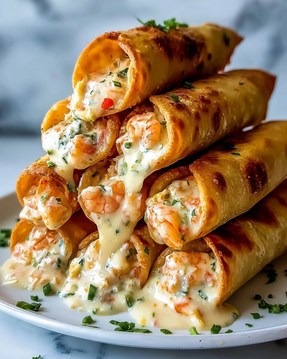 The image shows a stack of six golden-brown taquitos filled with creamy shrimp mixture. Each taquito has a crispy, well-cooked outer shell with a slightly blistered texture. The filling is white and creamy with visible pieces of orange shrimp and small green herbs mixed throughout. The taquitos are arranged in a pyramid shape on a white plate, with some creamy filling oozing out from the open ends, highlighting the rich interior. A few small green herbs are sprinkled around the base for garnish. The background is a soft white marbled surface. Photo taken with an iphone --ar 4:5 --v 7