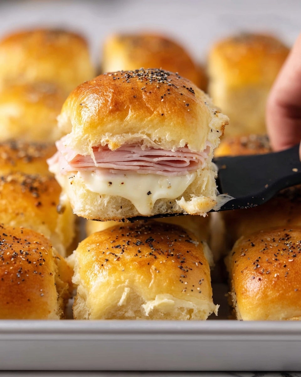 A close-up of a sandwich slider with three layers: a soft, golden-brown bun sprinkled with small black seeds on top, a middle layer of thinly sliced pale pink ham, and a bottom layer of creamy white melted cheese just seeping out. The sandwich is in the center of a group of similar sliders arranged together in a white tray. A woman's hand is holding a black spatula under the central sandwich to lift it slightly. The background and surface are a white marbled texture. photo taken with an iphone --ar 4:5 --v 7