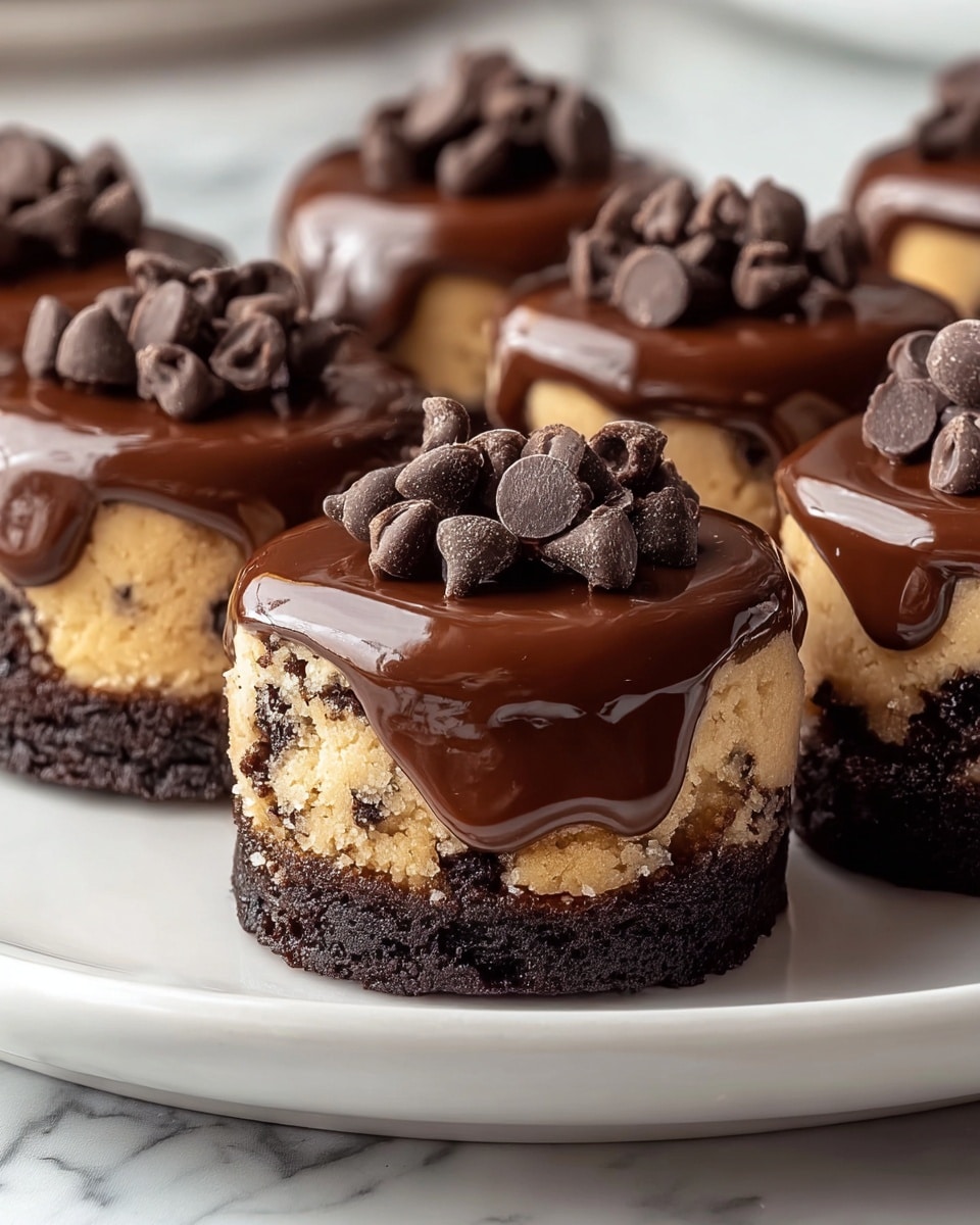 The image shows six small round desserts placed together on a white plate over a white marbled surface. Each dessert has three visible layers: the bottom layer is a dark brown, dense, and slightly crumbly cake base; the middle layer is a thick, light tan cookie dough with visible small dark chunks; the top layer is a shiny, smooth chocolate ganache that drips slightly over the edges. On top of each dessert, there is a small pile of dark chocolate chips. The image is close-up, highlighting the textures and glossy finish of the chocolate ganache. Photo taken with an iphone --ar 4:5 --v 7