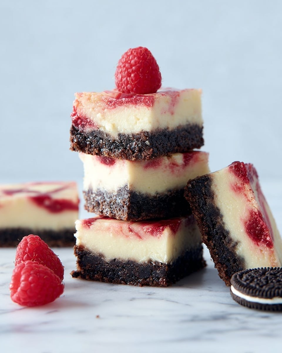 Three square dessert bars are stacked in the center on a white marbled surface. Each bar has three visible layers: the bottom layer is dark brown with a crumbly texture, the middle layer is a thick, smooth pale cream color, and the top layer has a light cream color with swirls of red. A bright red raspberry sits on top of the stack, with another raspberry placed on the surface nearby. To the right, one bar leans against the stack showing the layers clearly, and a small black and white cookie piece rests in front of it. The background is soft light blue. Photo taken with an iphone --ar 4:5 --v 7