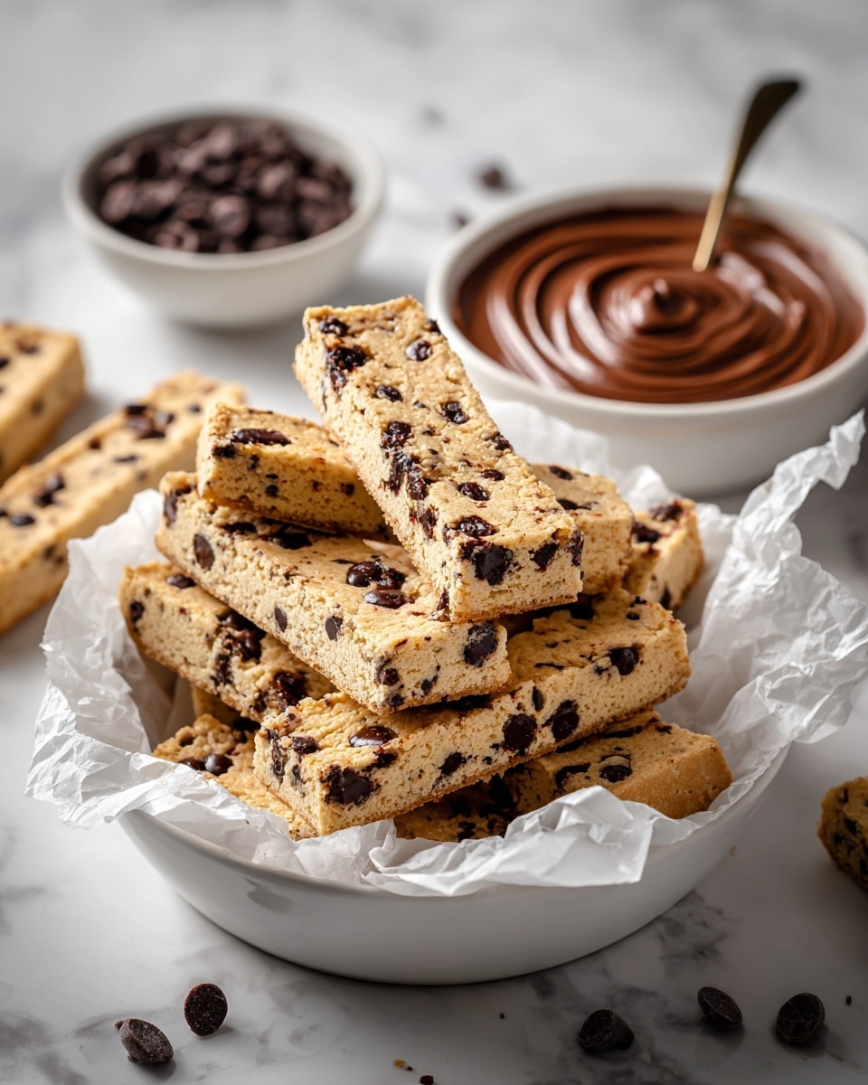 The image shows a stack of light beige chocolate chip cookie bars with dark brown chocolate chips spread throughout, resting on white parchment paper atop a wooden board. The bars are cut into rectangular strips, some leaning against each other, revealing their dense and slightly crumbly texture. Next to the stack is a small white bowl filled with smooth, dark brown chocolate spread, which appears creamy and glossy. In the background, there is a glass jar filled with the same chocolate spread, slightly blurred to keep focus on the cookie bars. The setup is on a white marbled surface. photo taken with an iphone --ar 4:5 --v 7