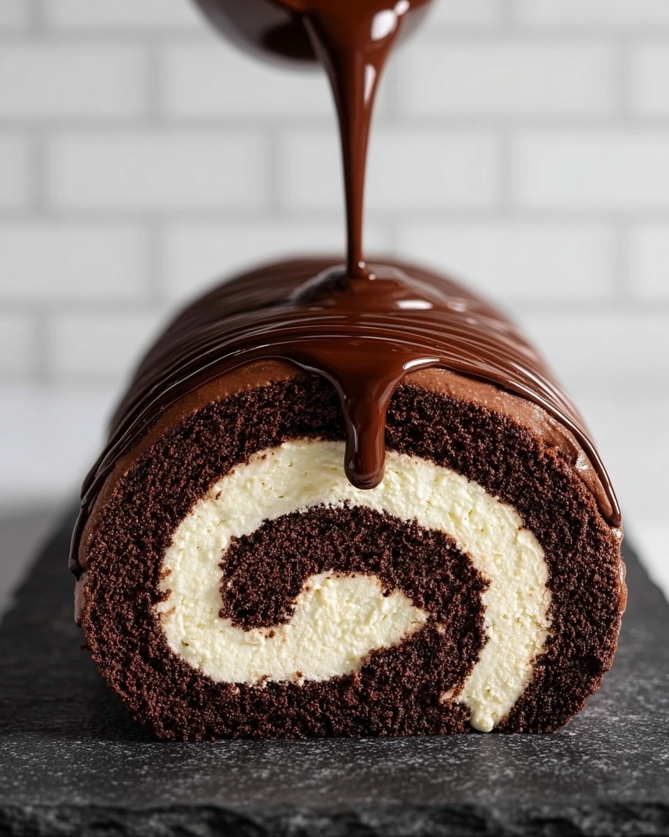 The image shows a close-up of a chocolate roll cake with two visible layers: a dark brown, soft chocolate cake layer spiraled with a light cream filling inside, creating a swirl pattern. On top of the roll, a rich, glossy dark chocolate sauce is being poured, dripping slightly down the sides of the cake. The cake sits on a flat textured black surface, with a white tiled wall blurred in the background and a white marbled texture underneath. The visual focus is on the moist, spongy texture of the cake and the smoothness of the chocolate sauce. photo taken with an iphone --ar 4:5 --v 7