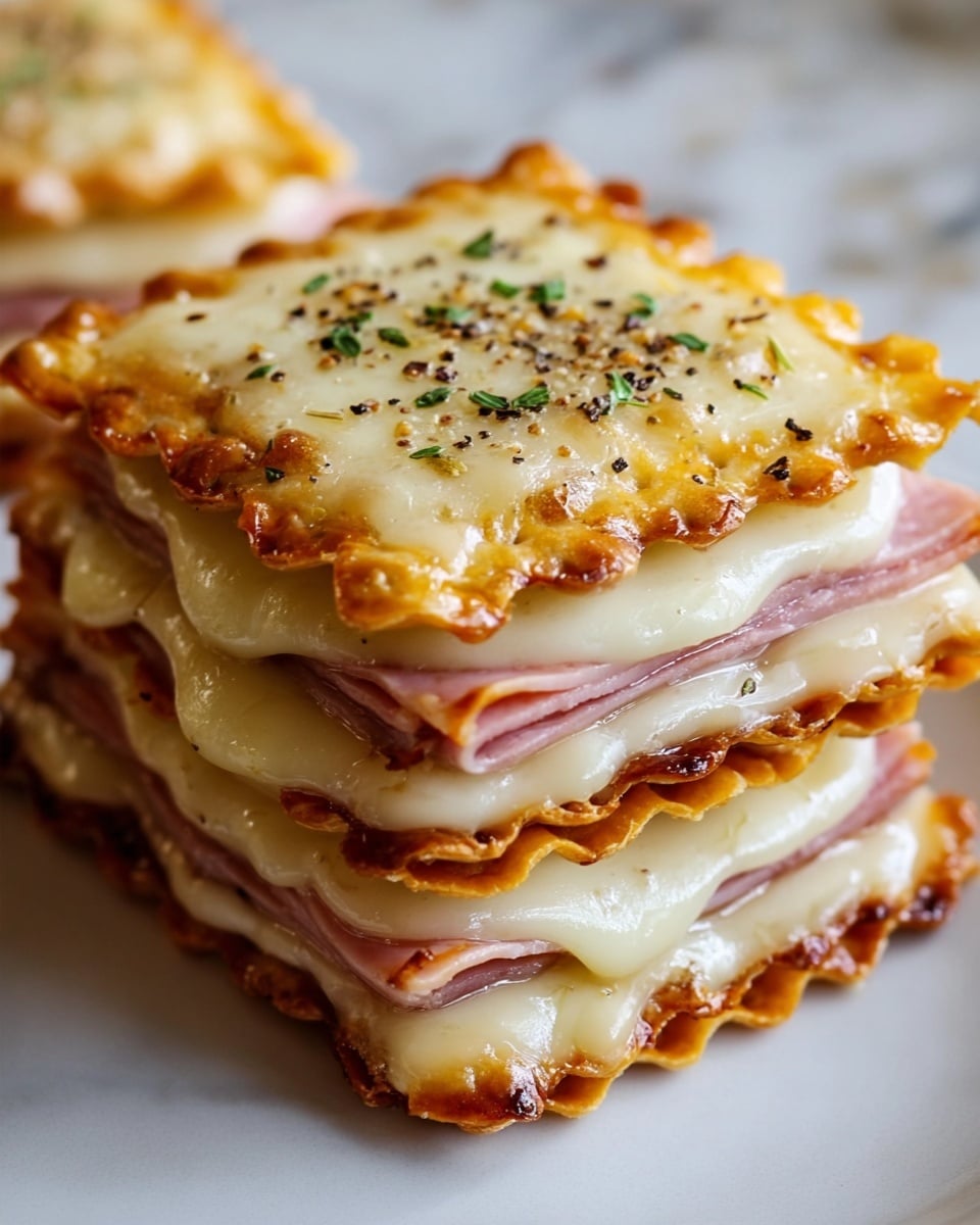 A close-up of a three-layer food stack on a white plate, each layer made of golden-brown toasted crackers with ruffled edges; between the crackers are thick, creamy white melted cheese layers and thin slices of pink ham. The top cracker is covered with melted cheese that is slightly browned and sprinkled with cracked black pepper and small green herbs. The edges of the crackers and cheese show a slight melting and browning texture, and the background is a white marbled texture. photo taken with an iphone --ar 4:5 --v 7