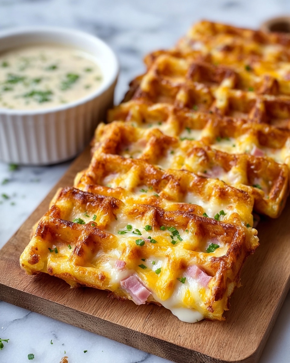 The image shows five waffle sticks stacked close together on a white speckled plate placed on a wooden surface with a white marbled texture in the background. Each waffle stick is golden brown and crispy with melted cheese in a yellow-orange shade covering the top surface, and small cubes of pink ham embedded within the waffles. The texture of the waffles is slightly rough and airy, showing the characteristic waffle grid pattern. The cheese looks creamy and gooey, partially filling some of the waffle pockets. The overall look is warm and savory. Photo taken with an iphone --ar 4:5 --v 7