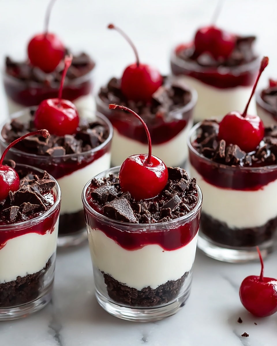 The image shows several small clear cups filled with a layered dessert. Each cup has four layers: the bottom layer is dark brown and crumbly, likely crushed chocolate cookies; above it is a bright red glossy cherry sauce layer; the third layer is creamy and white, smooth in texture; on top of the cream there are many small dark chocolate chunks scattered; each cup is finished with a single shiny red cherry with a long stem placed in the center. All cups are set on a white marbled surface, with soft natural light highlighting the glossy cherries and rich textures. photo taken with an iphone --ar 4:5 --v 7