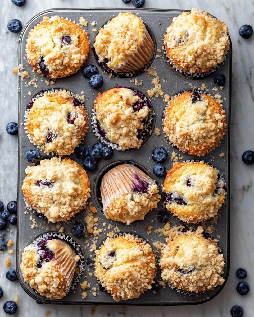 A metal muffin tray holds twelve golden-brown blueberry muffins, each topped with a crumbly, pale yellow streusel layer. Some muffins have visible dark blue berries peeking through the tops, while a few are slightly cracked open, showing a soft, light yellow inside with more blueberries. Around the muffins and tray are scattered fresh blueberries and bits of streusel crumbs. The tray sits on a white marbled surface. photo taken with an iphone --ar 4:5 --v 7