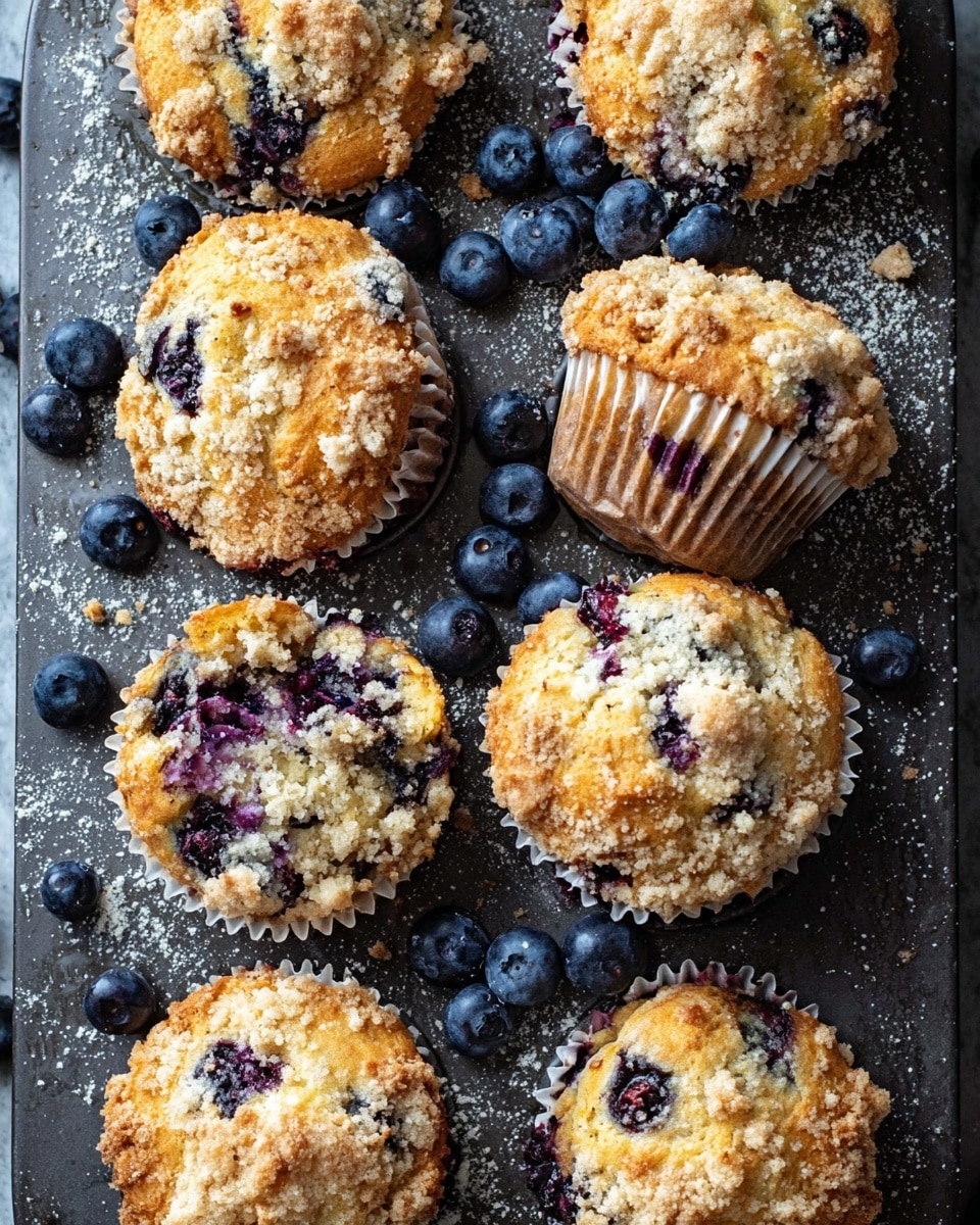 A close-up of twelve blueberry muffins in a dark baking tray on a white marbled surface. Each muffin has a golden brown top with a crumbly streusel layer, with visible dark purple blueberries baked inside. Some muffins are still in white paper liners while two have liners partially torn away, showing a soft, moist interior with blueberries bursting out. Fresh blueberries are scattered around the tray, adding vibrant blue spots to the warm tones. Light dusting of powdered sugar and crumbs are sprinkled on the tray, enhancing the texture. photo taken with an iphone --ar 4:5 --v 7