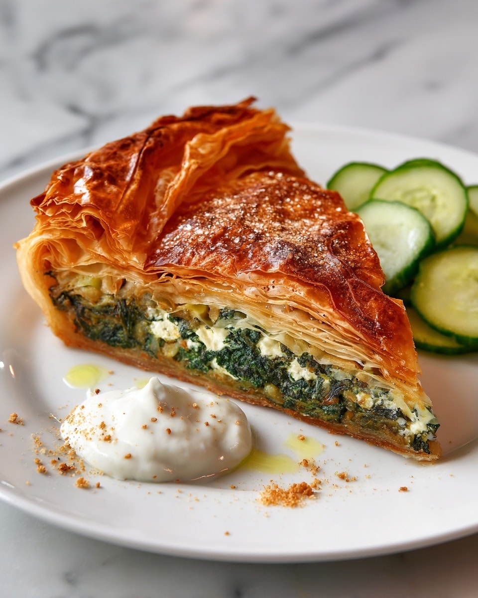 A white plate holds a single slice of golden brown, flaky pastry with multiple thin layers visible on the curved crust edge. Inside the pastry, there is a green spinach and white cheese filling, nicely packed and textured. Next to the pie slice is a small dollop of white creamy sauce topped with a single slice of cucumber. A few small crumbs and drops of oil are scattered on the plate near the food, all set on a white marbled surface. photo taken with an iphone --ar 4:5 --v 7