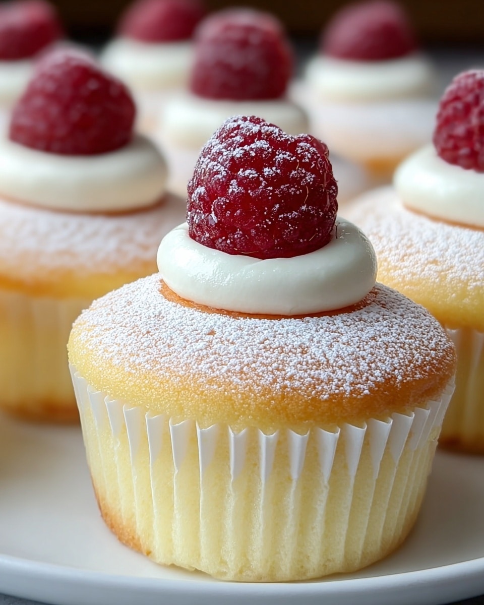 A group of soft, light yellow cupcakes with a smooth, golden-brown top layer sits neatly on a white plate against a white marbled texture background. Each cupcake is wrapped in a white paper cup. On top of every cupcake, there is a small dollop of white cream in the center, crowned by a single red raspberry with a slightly bumpy texture. The cupcakes are lightly dusted with powdered sugar, creating a delicate, snowy effect on the golden top layer. The focus is on the cupcake closest to the camera, making the others softly blurred in the back. photo taken with an iphone --ar 4:5 --v 7